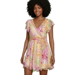 Coldwater Creek Crinkle Sheer Silk Floral Surplice Neck Ruffle Sleeves Dress 16